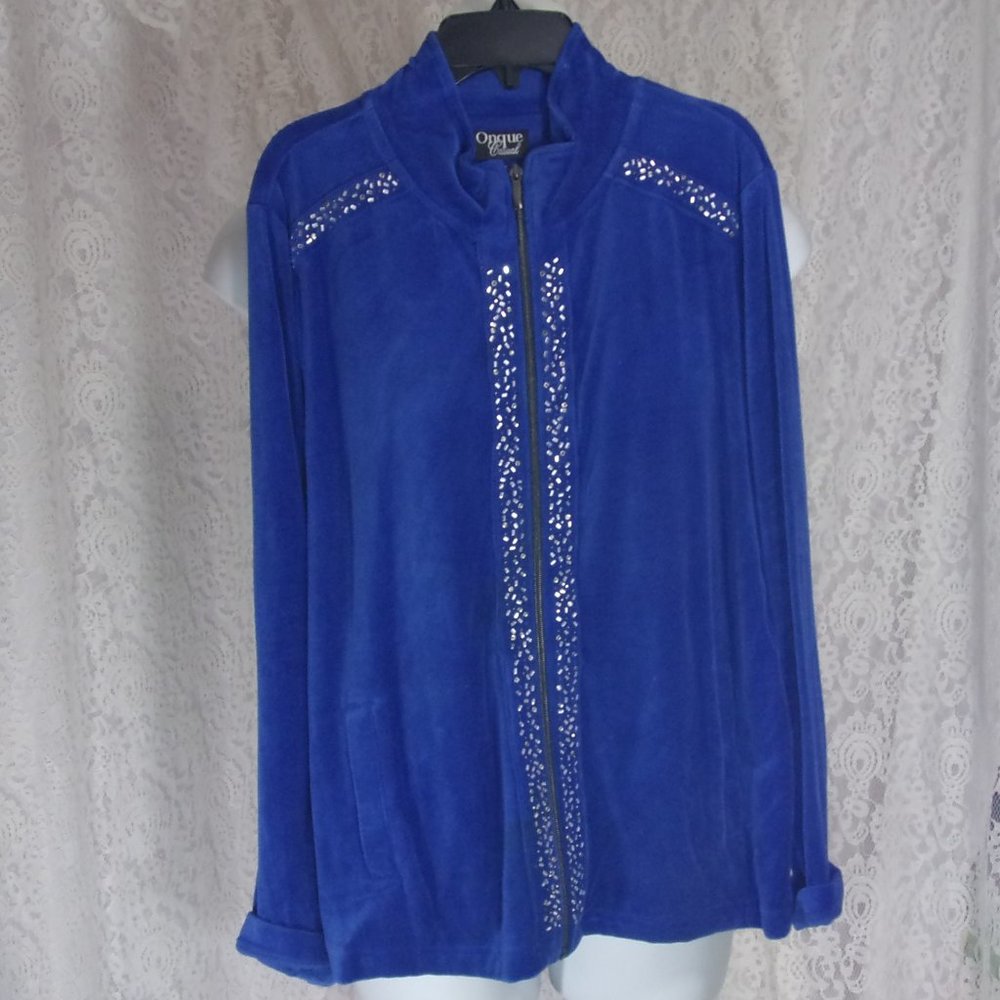 Onque Sapphire Blue Velour Jacket With Bling Accents Size XL NWOT